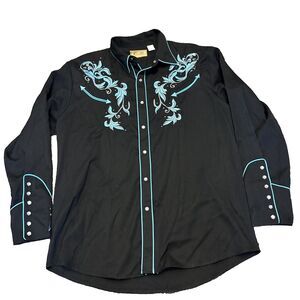 Scully Western Snap Button Up Shirt Embroidered Cowboy Rodeo Teal